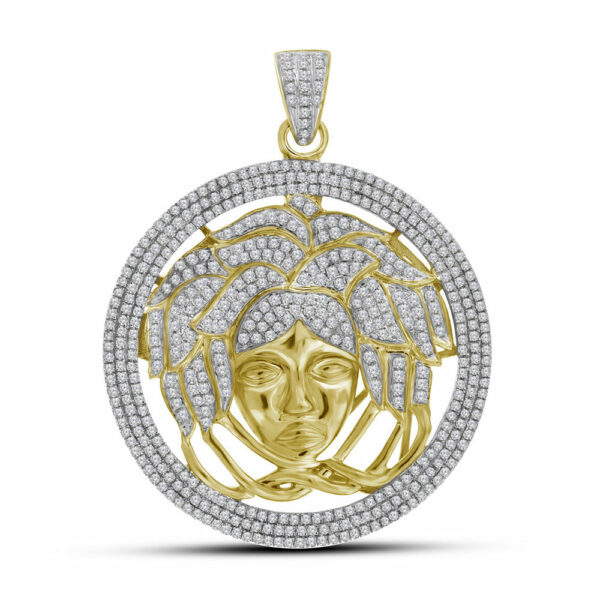 10kt Yellow Gold Mens Round Diamond Medusa Gorgon Charm Pendant 2-1/5 Cttw