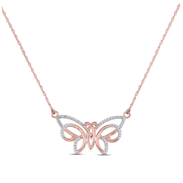 10kt Rose Gold Womens Round Diamond Butterfly Bug Pendant Necklace 1/5 Cttw