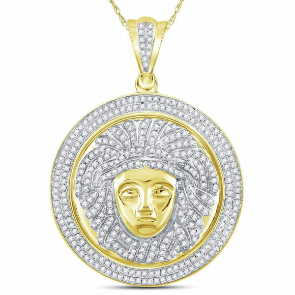 10kt Yellow Gold Mens Round Diamond Gorgon Medusa Circle Medallion Charm Pendant 1 Cttw