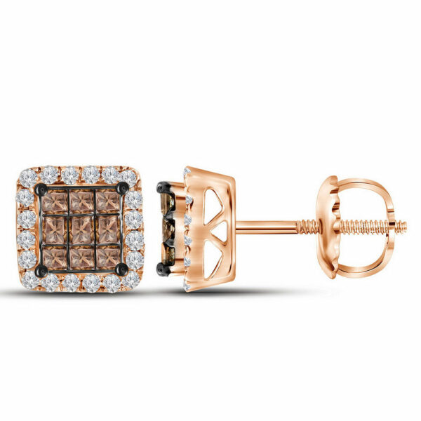 10kt Rose Gold Womens Princess Red Color Enhanced Diamond Square Cluster Earrings 3/4 Cttw