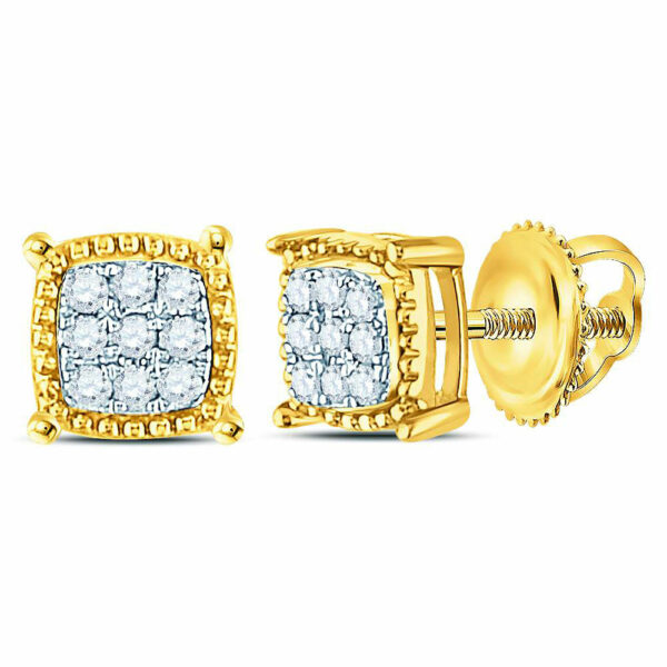 10kt Yellow Gold Mens Round Diamond Square Milgrain Cluster Earrings 1/10 Cttw