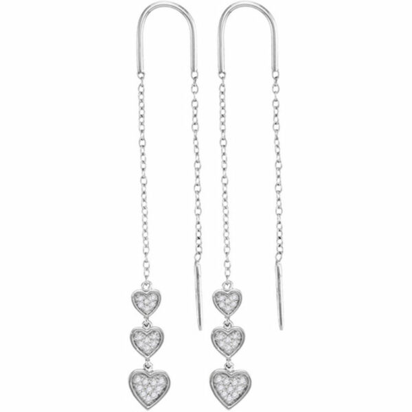 10kt White Gold Womens Round Diamond Triple Dangling Heart Threader Earrings 1/5 Cttw