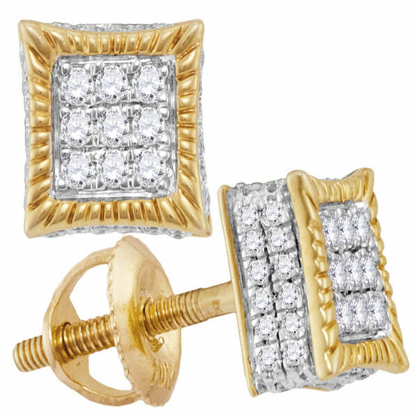 10kt Yellow Gold Mens Round Diamond Square Fluted 3D Cluster Stud Earrings 1/3 Cttw