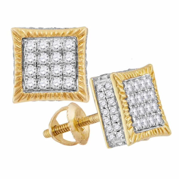 10kt Yellow Gold Mens Round Diamond Square Fluted Cluster Stud Earrings 3/4 Cttw