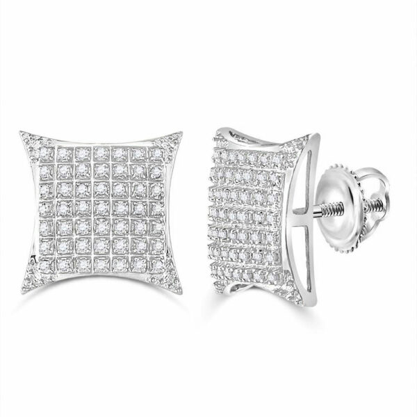 10kt White Gold Mens Round Diamond Square Kite Cluster Stud Earrings 1/3 Cttw