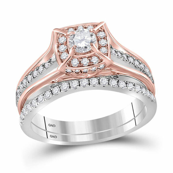 14kt Two-tone Gold Round Diamond Elevated Bridal Wedding Ring Band Set 1 Cttw
