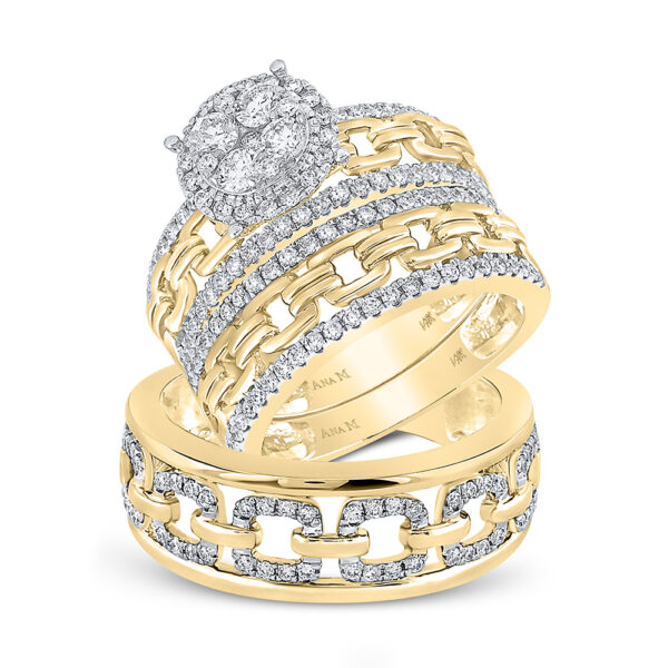 14kt Yellow Gold His Hers Round Diamond Cluster Matching Wedding Set 1-3/8 Cttw