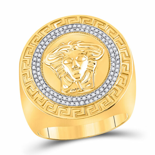 10kt Yellow Gold Mens Round Diamond Medusa Face Greek Key Fashion Ring 1/3 Cttw