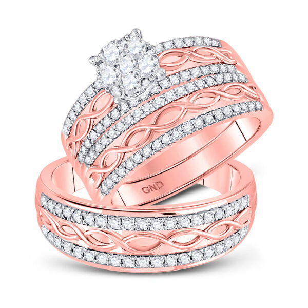10kt Rose Gold His Hers Round Diamond Cluster Matching Wedding Set 1 Cttw