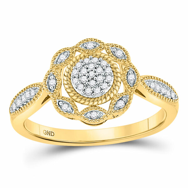 10kt Yellow Gold Womens Round Diamond Milgrain Cable Cluster Ring 1/8 Cttw