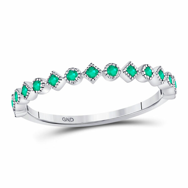 10kt White Gold Womens Round Emerald Square Dot Stackable Band Ring 1/5 Cttw