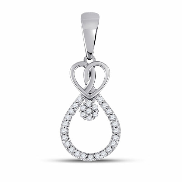 10kt White Gold Womens Round Diamond Heart Teardrop Cluster Pendant 1/10 Cttw