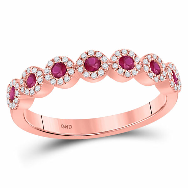 10kt Rose Gold Womens Round Ruby Halo Stackable Band Ring 1/2 Cttw