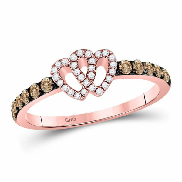 10kt Rose Gold Womens Round Brown Diamond Heart Ring 1/3 Cttw
