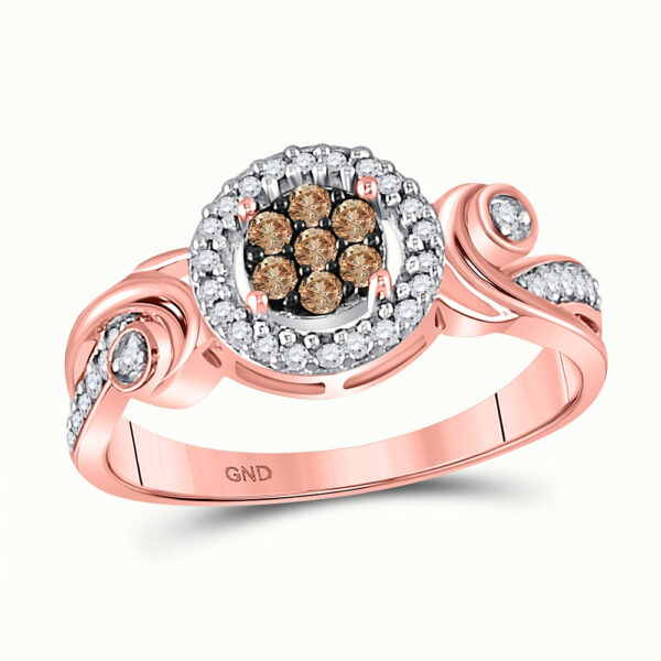 10kt Rose Gold Womens Round Brown Diamond Fashion Cluster Ring 1/4 Cttw