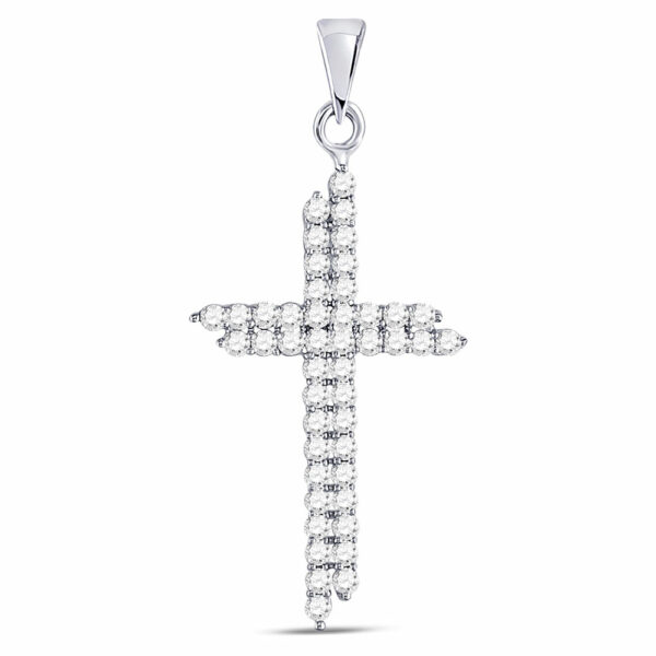 10kt White Gold Womens Round Diamond Asymmetric Cross Pendant 1/2 Cttw