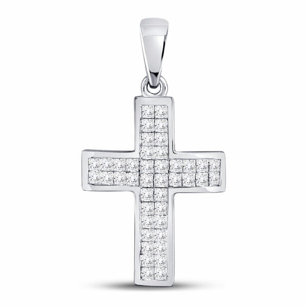 10kt White Gold Womens Princess Diamond Religious Cross Pendant 1/2 Cttw