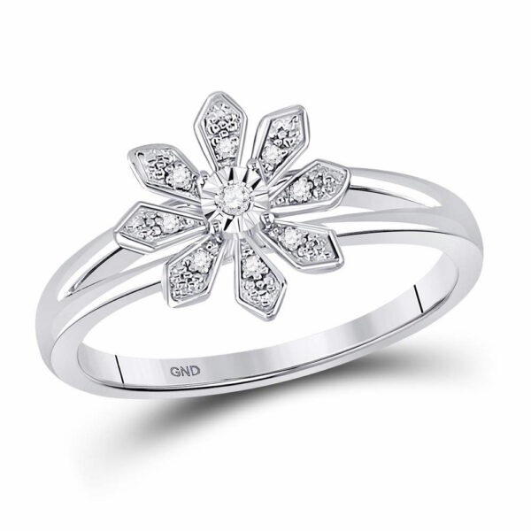 Sterling Silver Womens Round Diamond Flower Fashion Ring 1/20 Cttw