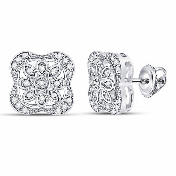 Sterling Silver Womens Round Diamond Flower Fashion Earrings 1/8 Cttw
