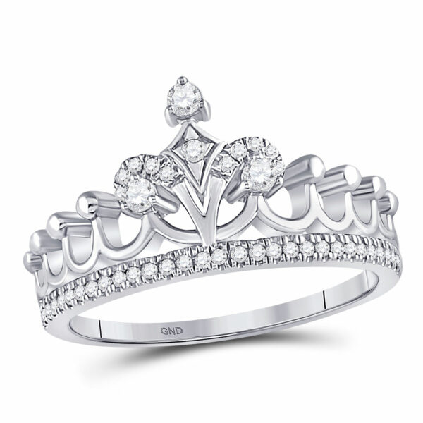 10kt White Gold Womens Round Diamond Crown Tiara Fashion Ring 1/5 Cttw