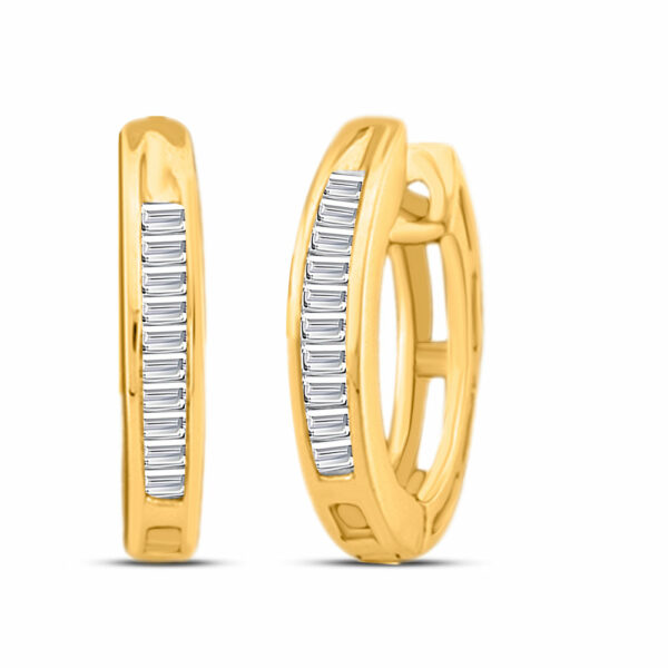 10kt Yellow Gold Womens Baguette Diamond Huggie Hoop Earrings 1/6 Cttw