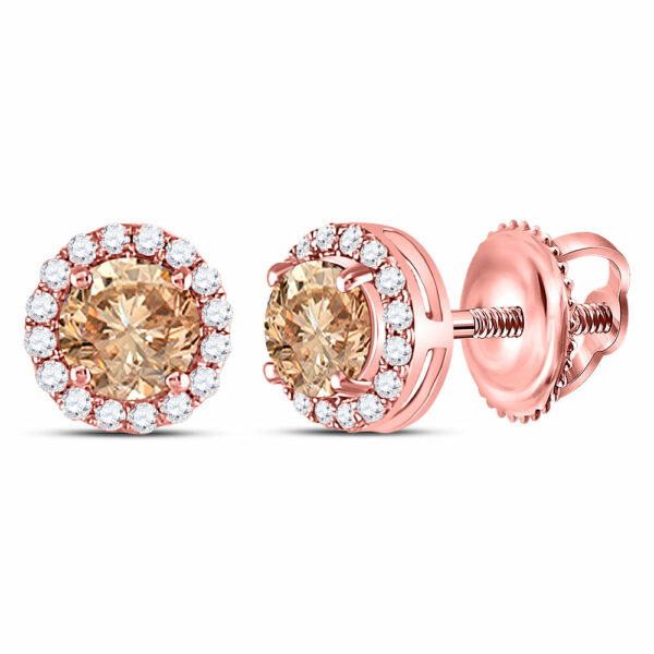 14kt Rose Gold Womens Round Brown Diamond Stud Earrings 1 Cttw