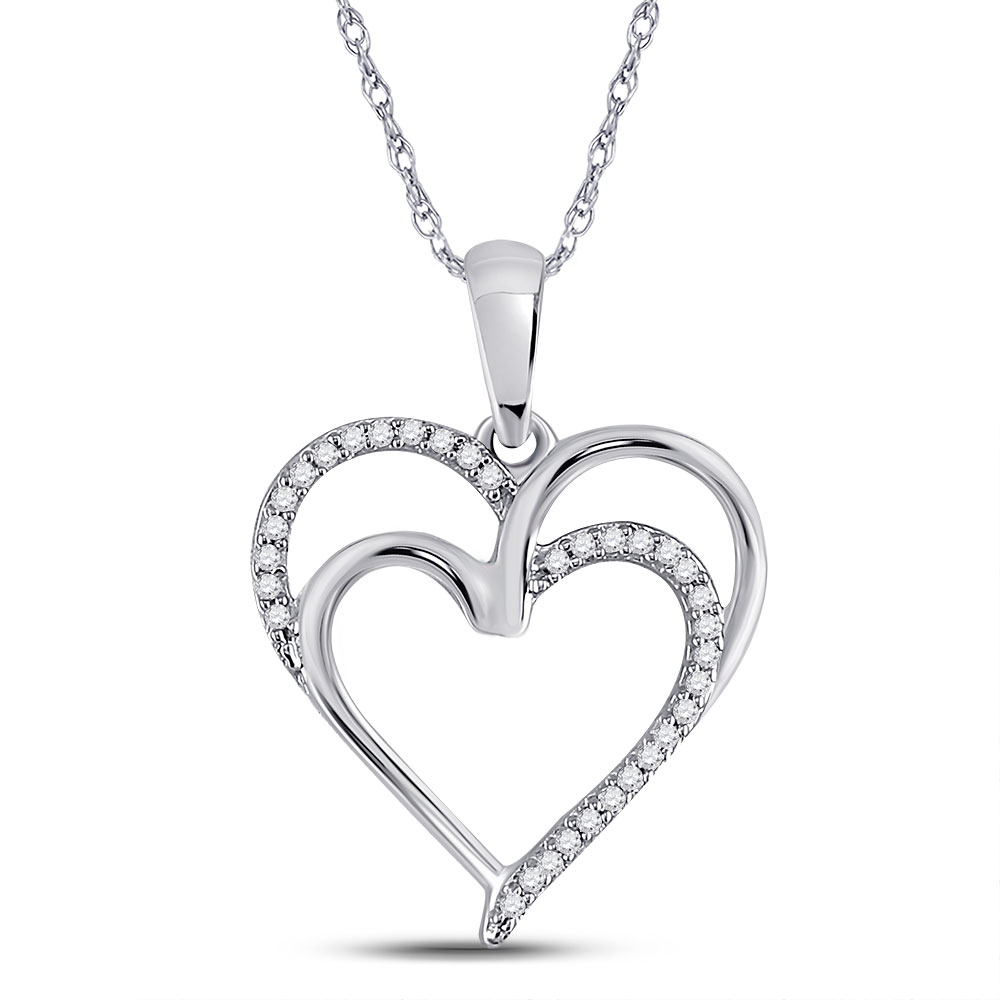 Sterling Silver Womens Round Diamond Double Heart Pendant 1/10 Cttw ...