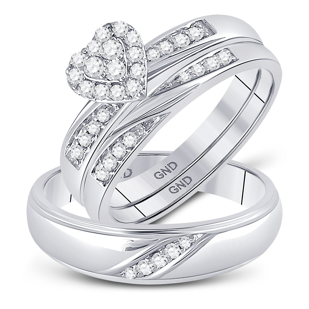 10kt White Gold His Hers Round Diamond Heart Matching