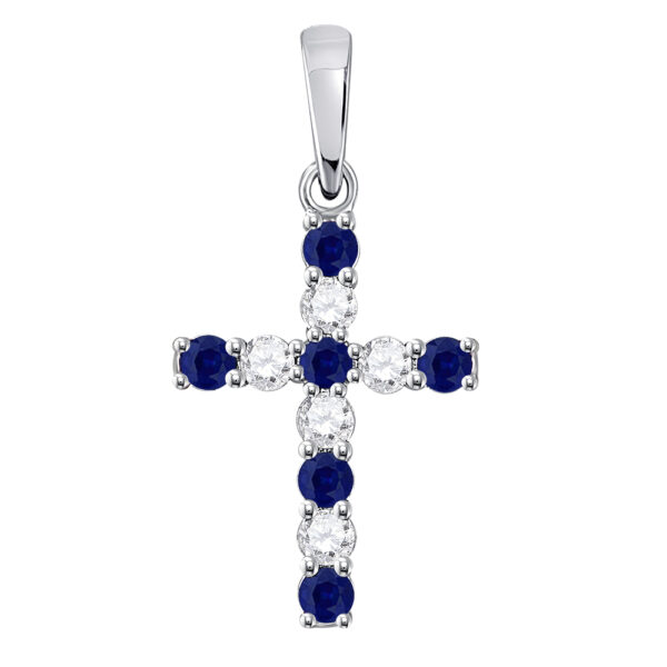 10kt White Gold Womens Round Lab-Created Blue Sapphire Cross Pendant 1/3 Cttw