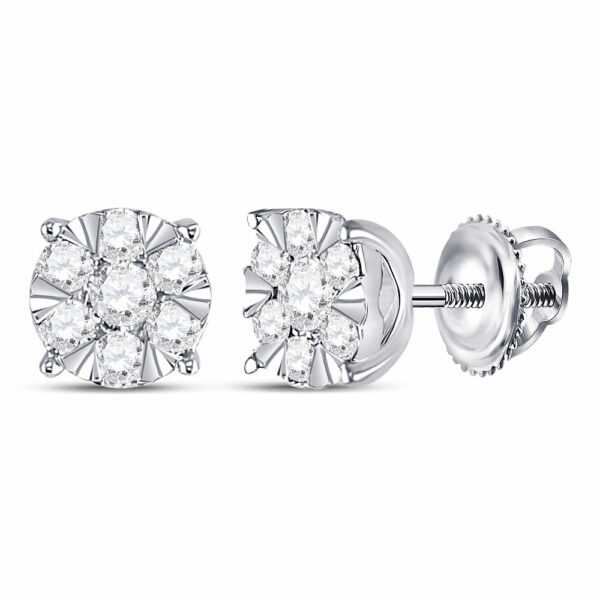 14kt White Gold Womens Round Diamond Fashion Cluster Earrings 1/2 Cttw