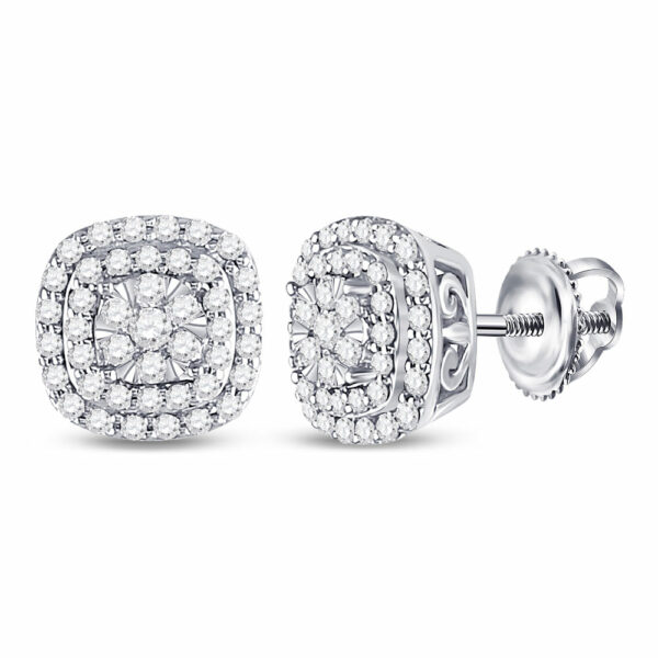14kt White Gold Womens Round Diamond Cushion Halo Cluster Earrings 1/2 Cttw