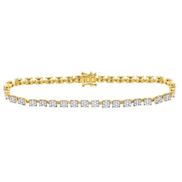 14kt Yellow Gold Womens Round Diamond Fashion Cluster Tennis Bracelet 1-7/8 Cttw