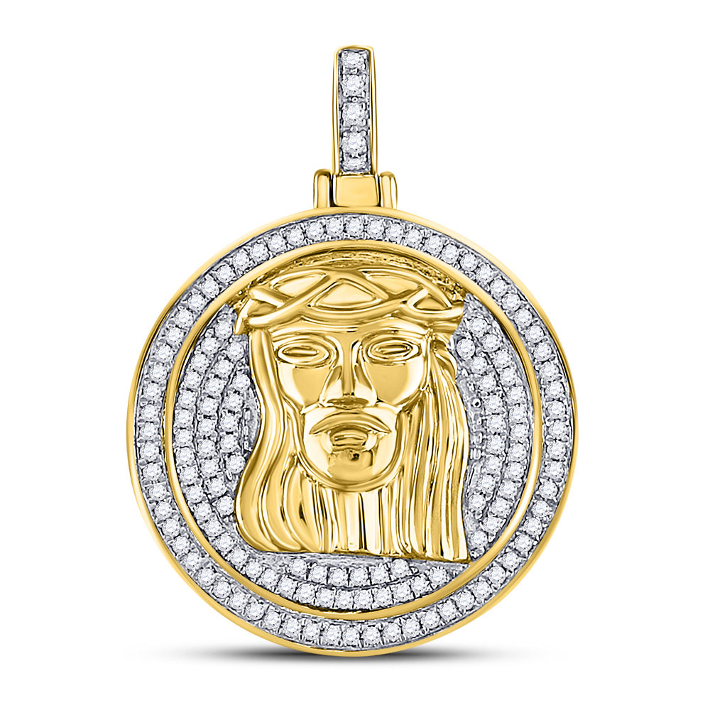 10kt Yellow Gold Mens Round Diamond Jesus Circle Medallion Charm