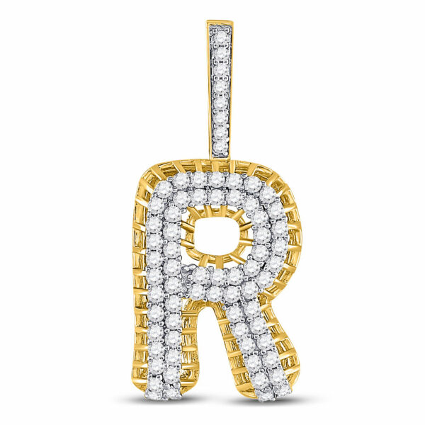 10kt Yellow Gold Mens Round Diamond R Letter Charm Pendant 1-3/8 Cttw