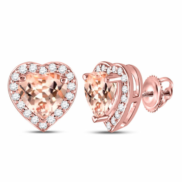 10kt Rose Gold Womens Morganite Heart Diamond Stud Earrings 1-1/2 Cttw