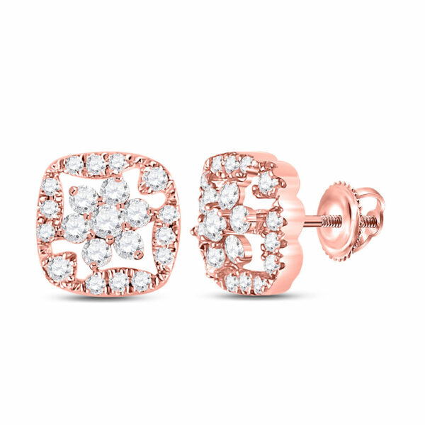 14kt Rose Gold Womens Round Diamond Square Floral Cluster Earrings 3/8 Cttw