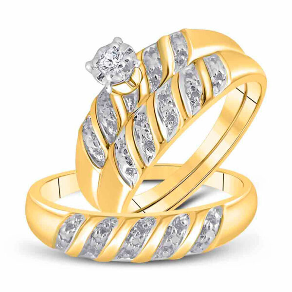 10kt Yellow Gold His Hers Round Diamond Solitaire Matching Wedding Set 1/20 Cttw