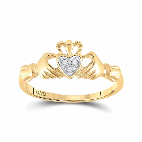 14kt Yellow Gold Womens Round Diamond Claddagh Heart Ring .02 Cttw