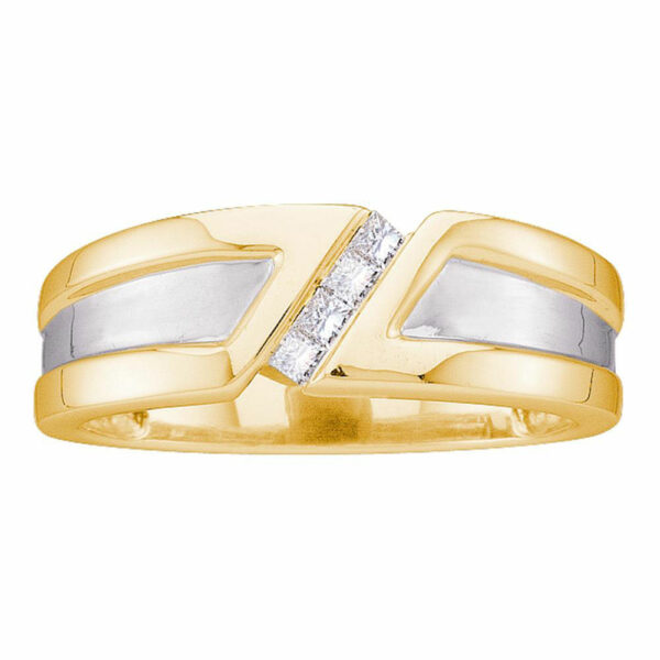 14kt Yellow Gold Mens Princess Diamond Single Row Two-tone Wedding Band Ring 1/6 Cttw