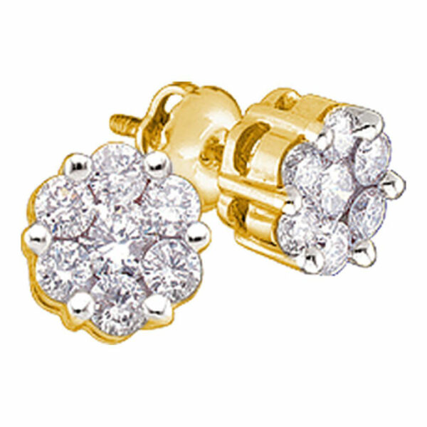 14kt Yellow Gold Womens Round Diamond Flower Cluster Stud Earrings 1 Cttw
