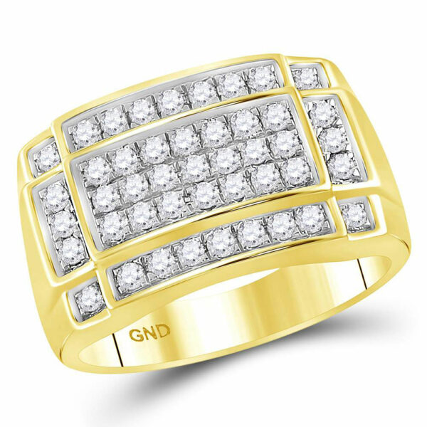 10kt Yellow Gold Mens Round Diamond Rectangle Cluster Ring 1 Cttw