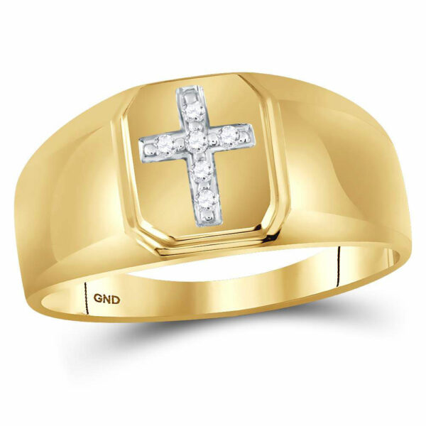 10kt Yellow Gold Mens Round Diamond Cross Band Ring 1/20 Cttw