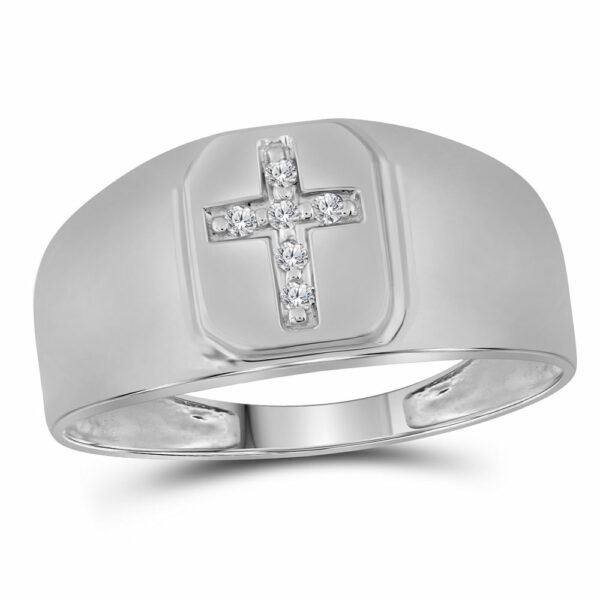 10kt White Gold Mens Round Diamond Brushed Matte Cross Band Ring 1/20 Cttw