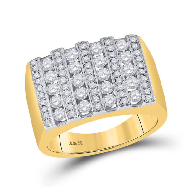 14kt Yellow Gold Mens Round Channel-set Diamond Square Stripe Cluster Ring 1-1/2 Cttw