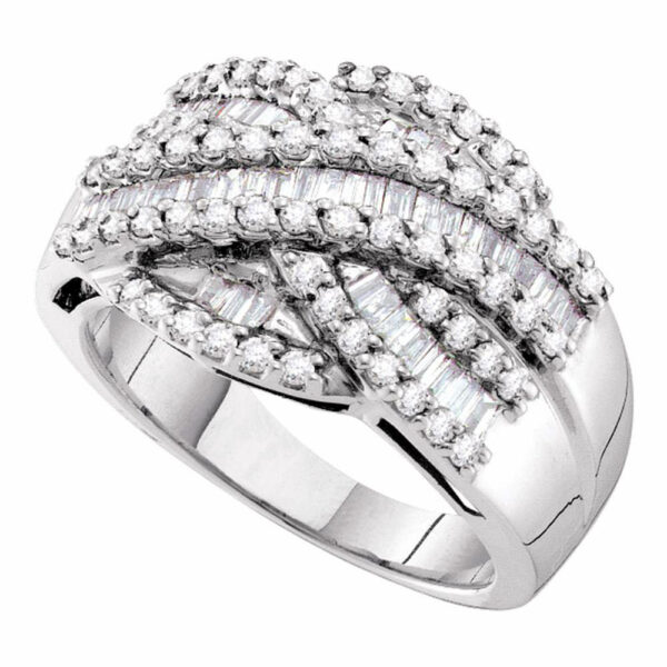 14kt White Gold Womens Baguette Round Diamond Crossover Band Ring 1 Cttw