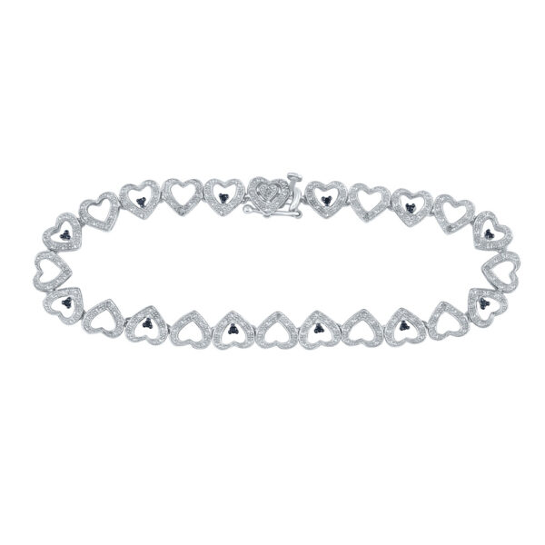 Sterling Silver Womens Round Black Color Enhanced Diamond Heart Link Bracelet 1/5 Cttw