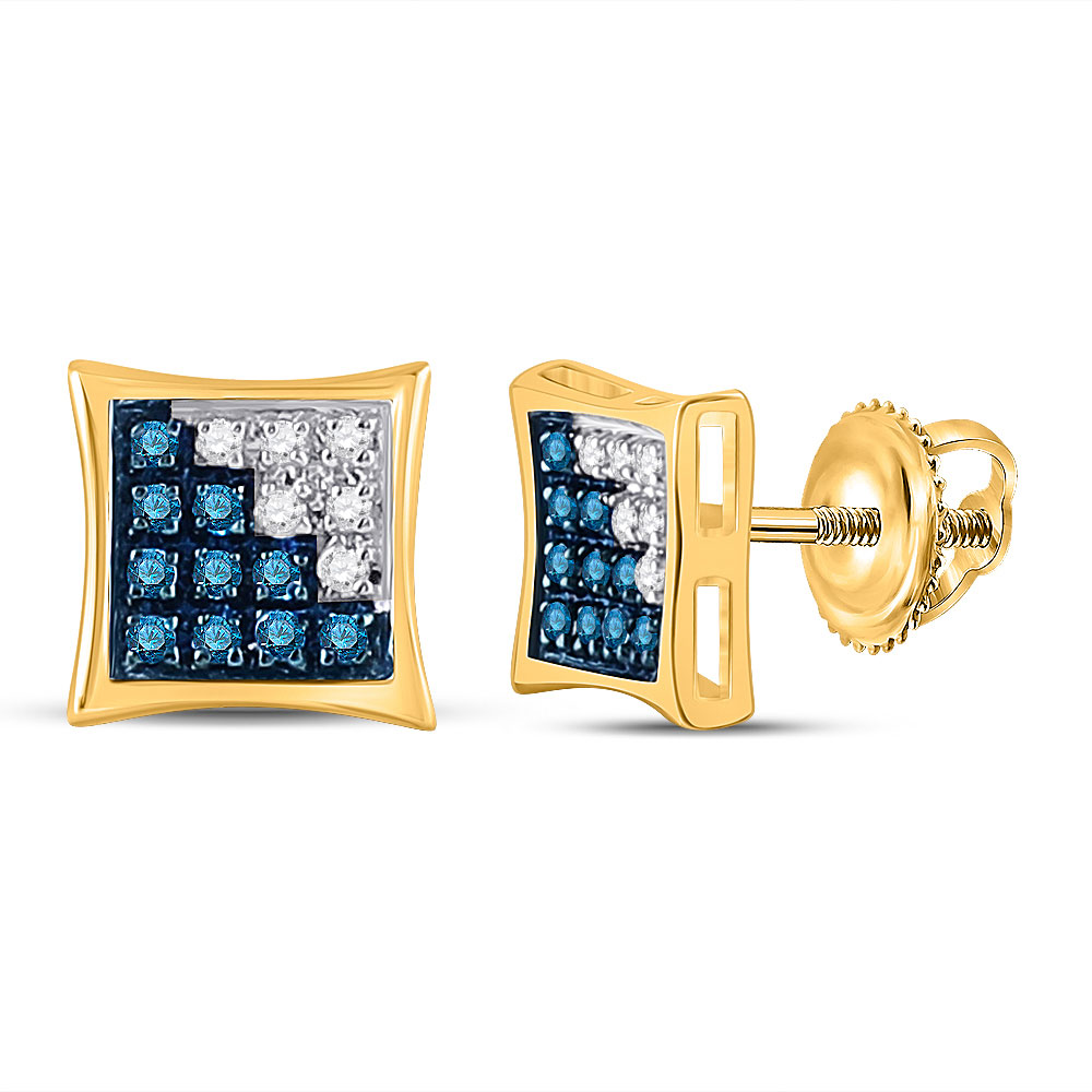 1/20 Cttw 10kt White Gold Mens Round Blue Yellow Color Enhanced Diamond Square Kite Earrings