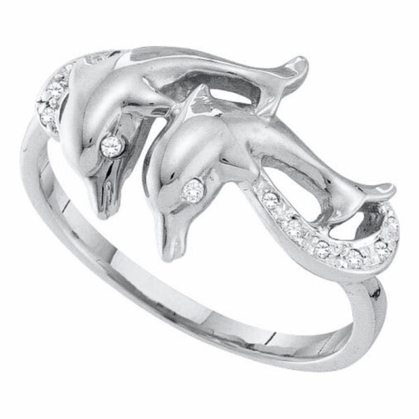 10kt White Gold Womens Round Diamond Double Dolphin Accent Ring 1/20 Cttw