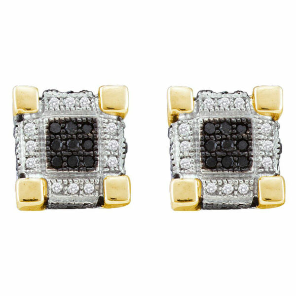 10kt Yellow Gold Mens Round Black Color Enhanced Diamond Square Earrings 1/3 Cttw