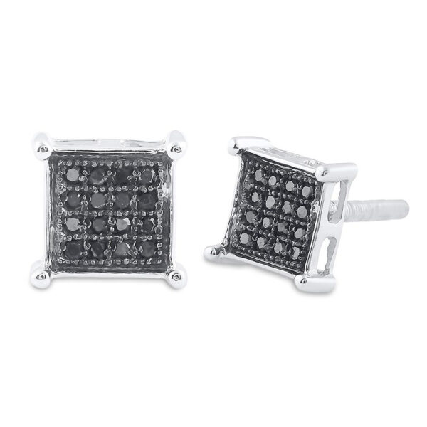 Sterling Silver Mens Round Black Color Enhanced Diamond Square Cluster Earrings 1/10 Cttw